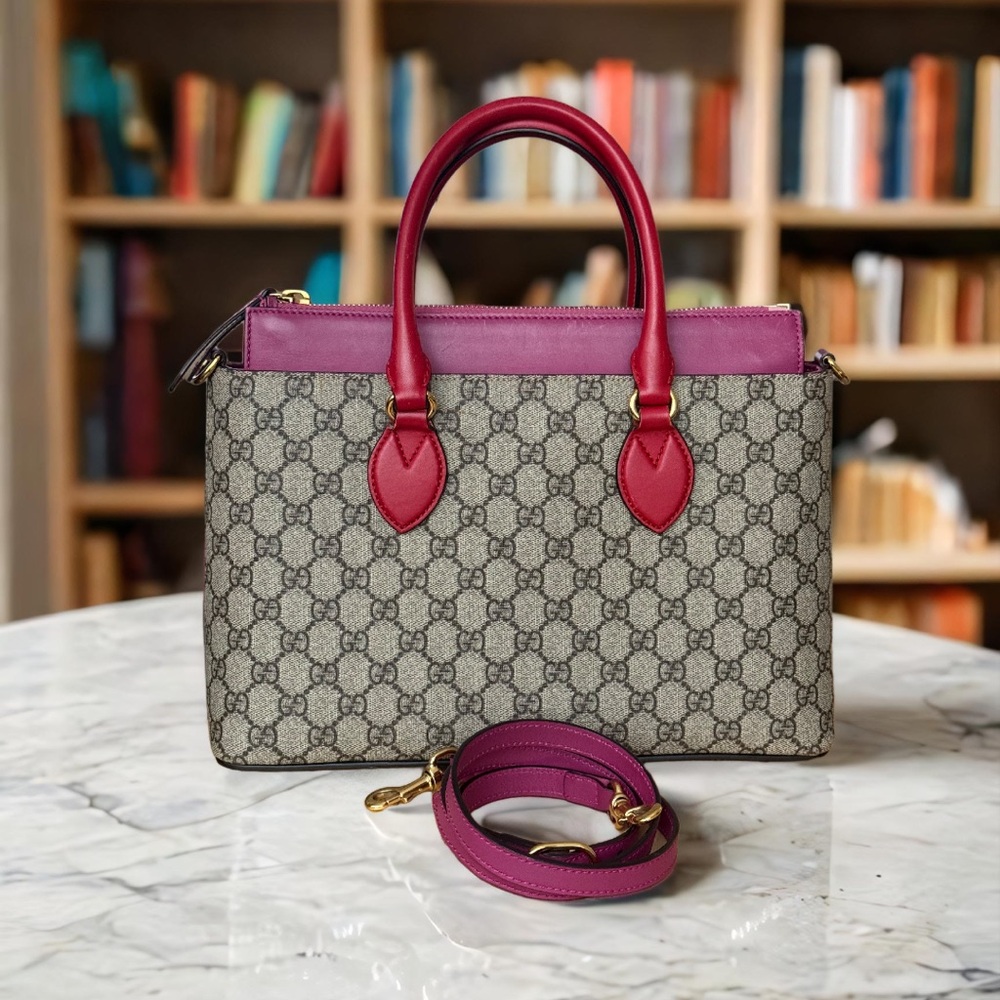 GUCCI GG MONOGRAM MOON CALFSKIN MEDIUM ZIP TOTE BEIGE, RED AND PINK - Picture 10 of 16